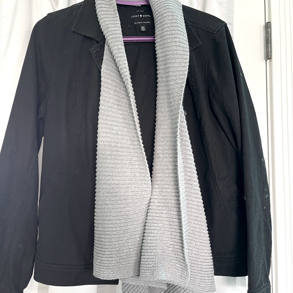 Lucky brand black denim with sweater shawl button up jacket